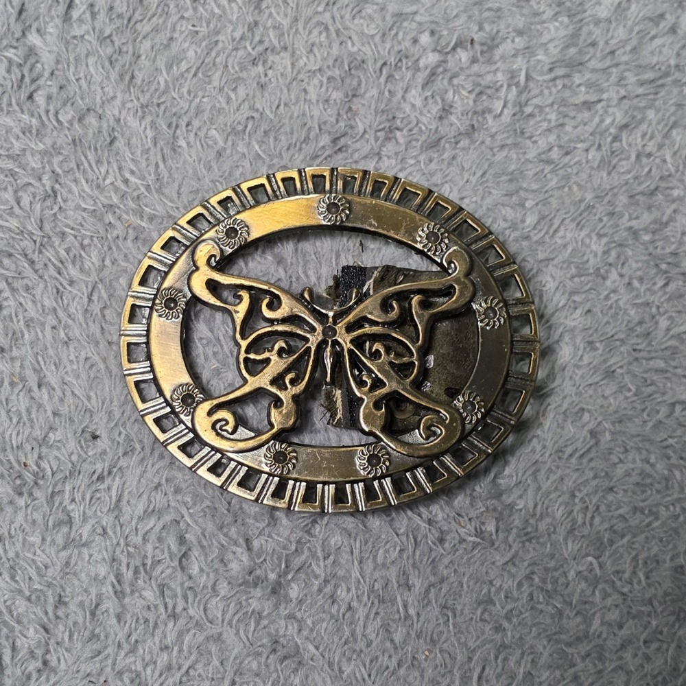 Belt Buckle Gold Color Butterfly Filigree Oval Antiqued Brass Farmgirl Vintage